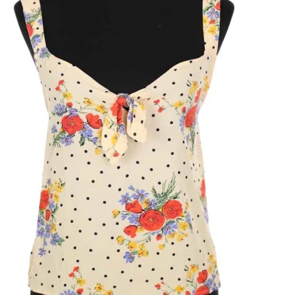 Sezane Cream Floral & Black Polka Dot Tie-Front Cami